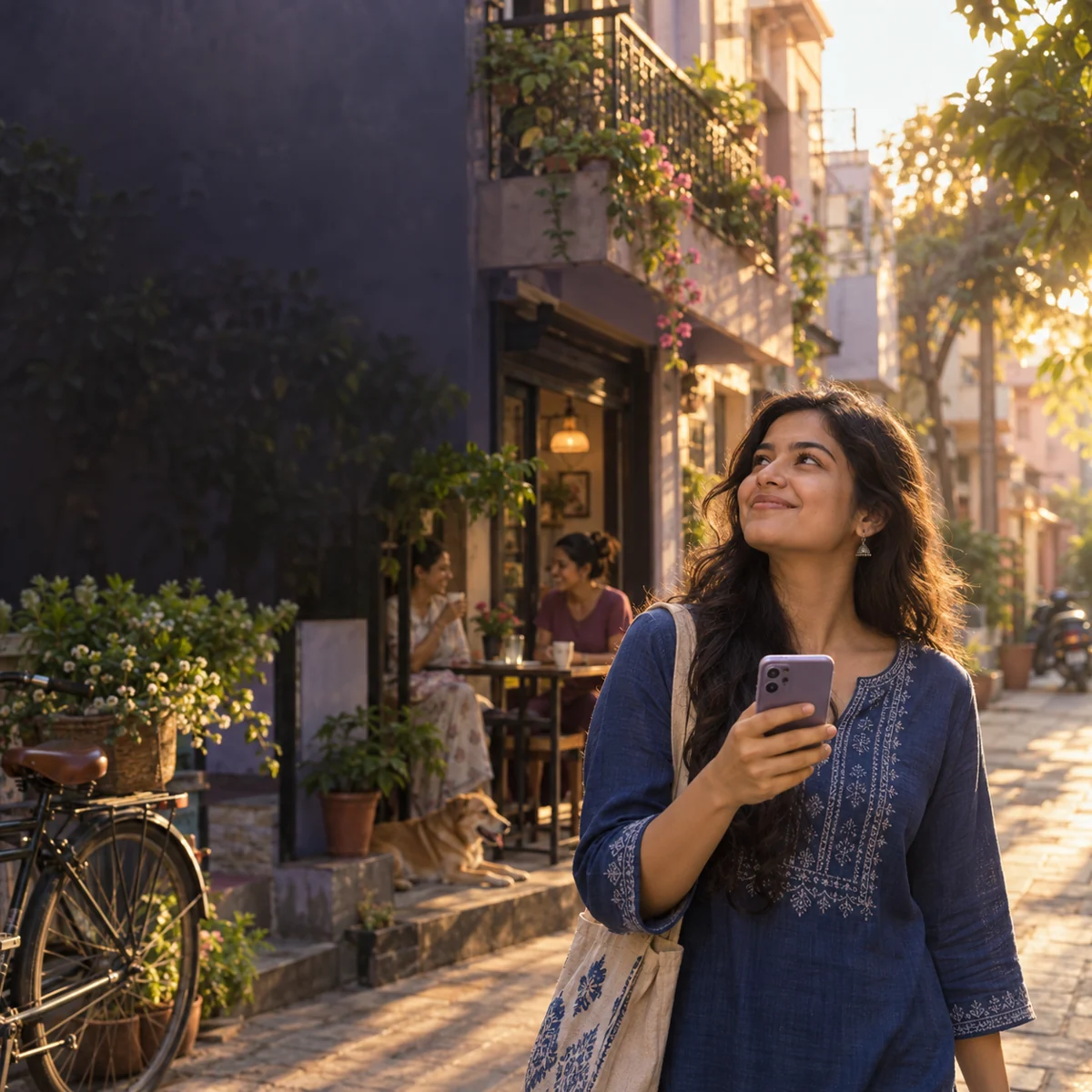 A woman discovering her neighbourhood with her phone